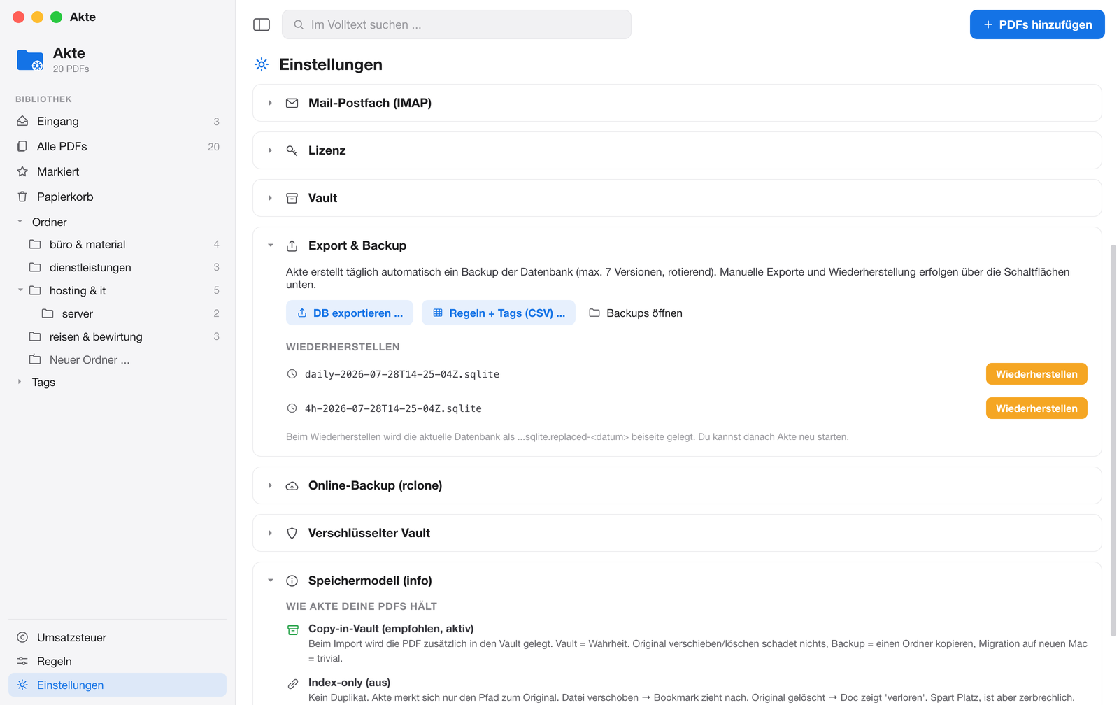 T&auml;gliche Backups mit Wiederherstellung in den Einstellungen