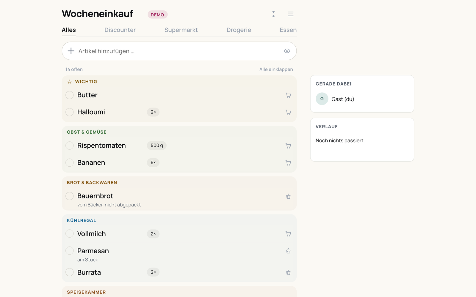Demo-Liste mit automatisch gebildeten Warengruppen