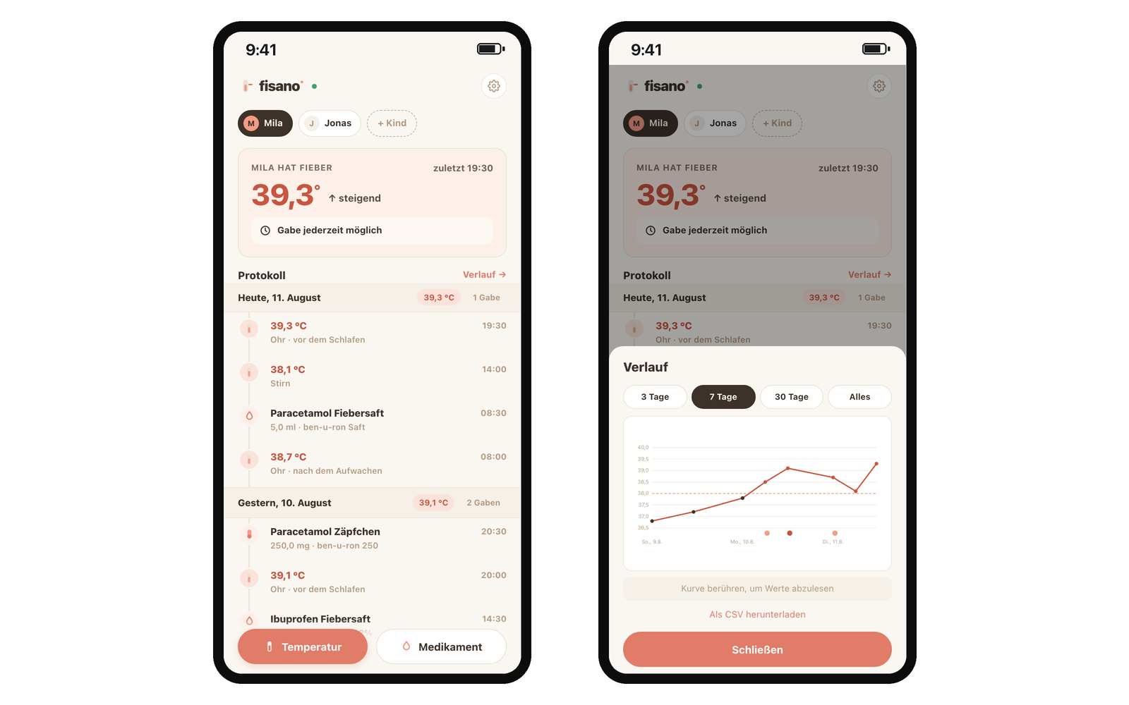 Gemacht f&uuml;rs Telefon: Heute-Karte und Verlaufskurve &ndash; die letzte Gabe immer im Blick